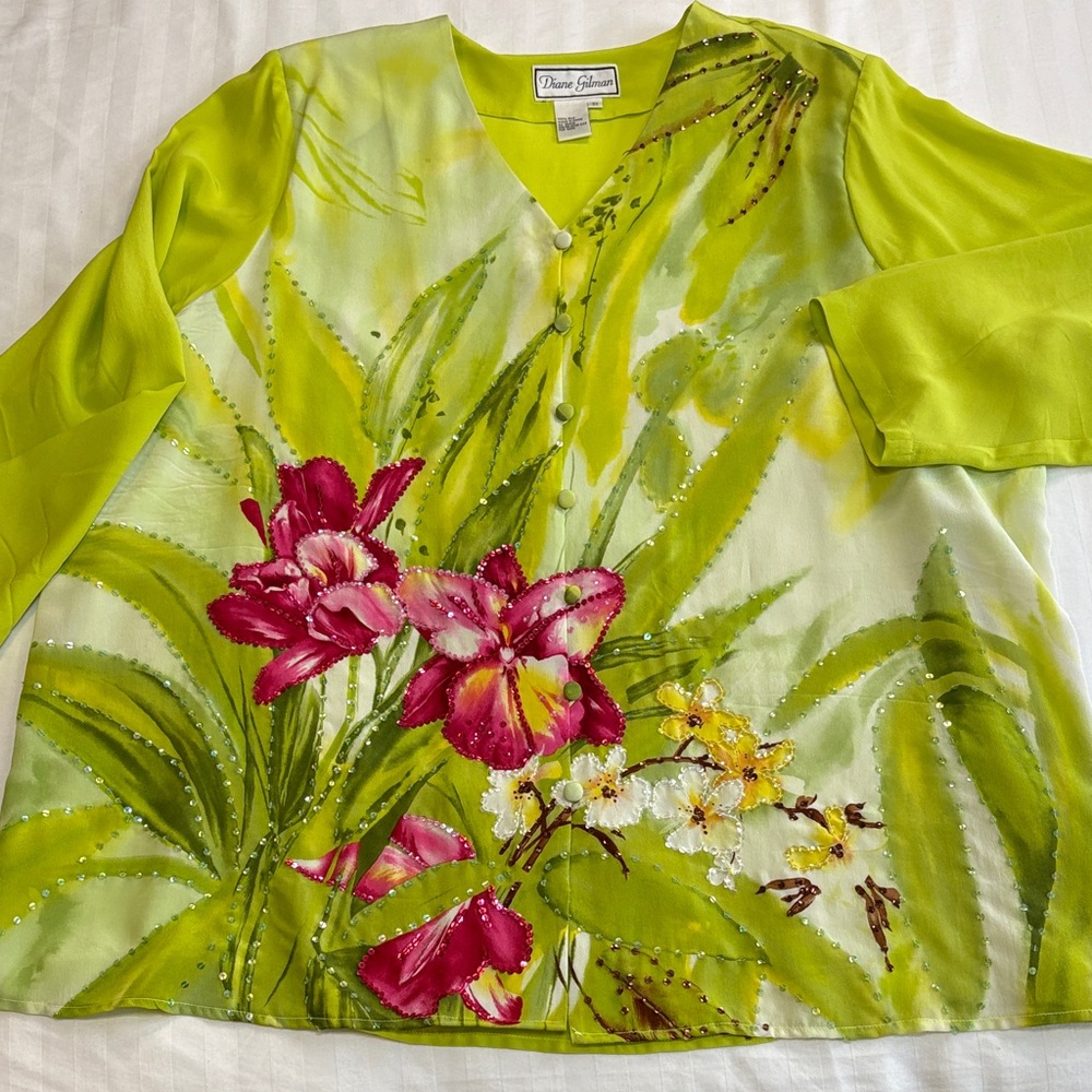 Diane Gilman Vintage 100% Silk Tiger Lily 2 Piece Pant Suit Set 3X - Picture 3 of 16